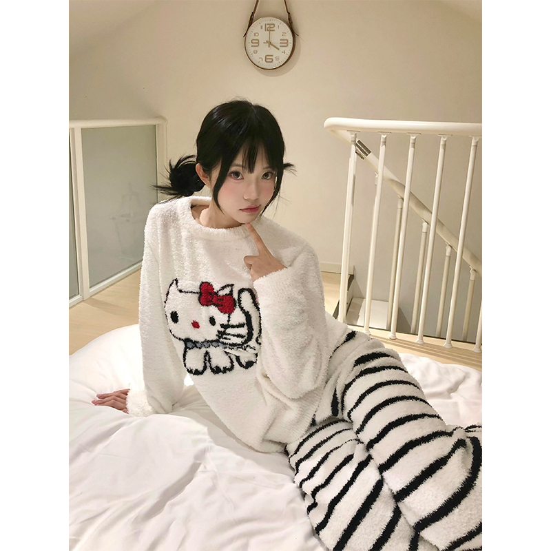 可爱少女小猫咪半边绒睡衣女秋冬款2024新款针织衫家居服大码套装