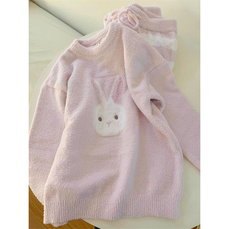 可爱兔子高级针织睡衣套装女冬季加厚加绒半边绒家居服套装可外穿