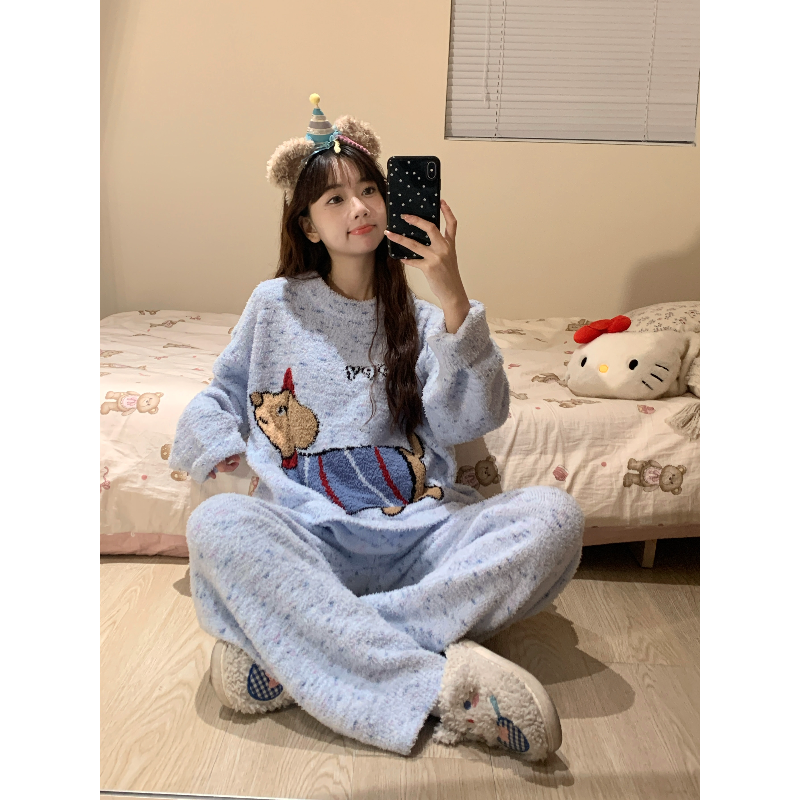 ins韩系半边绒睡衣女款冬天2024新款韩版少女甜美加绒针织家居服