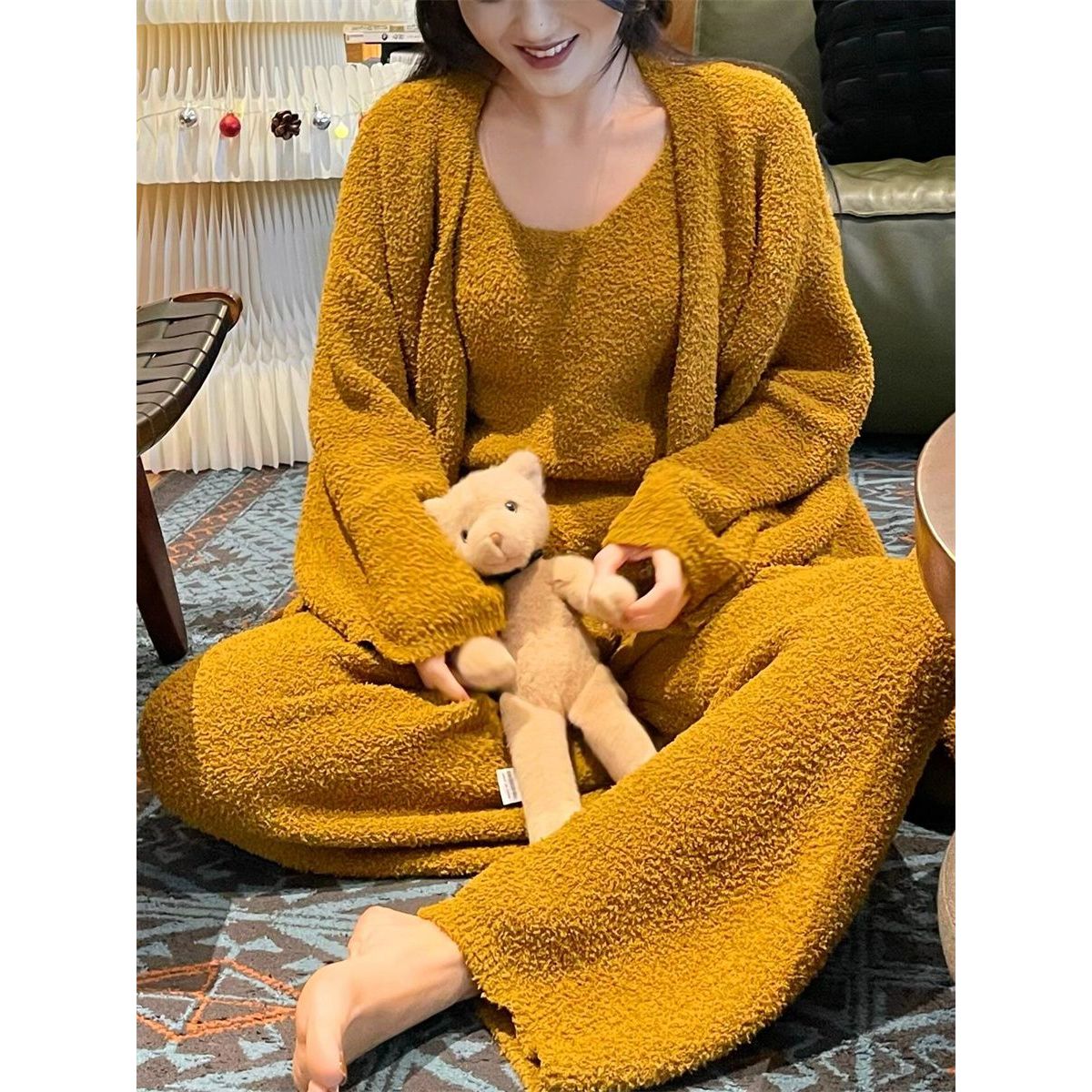 韩版简约半边绒睡衣套装女冬季新款毛绒针织加厚大码家居服三件套