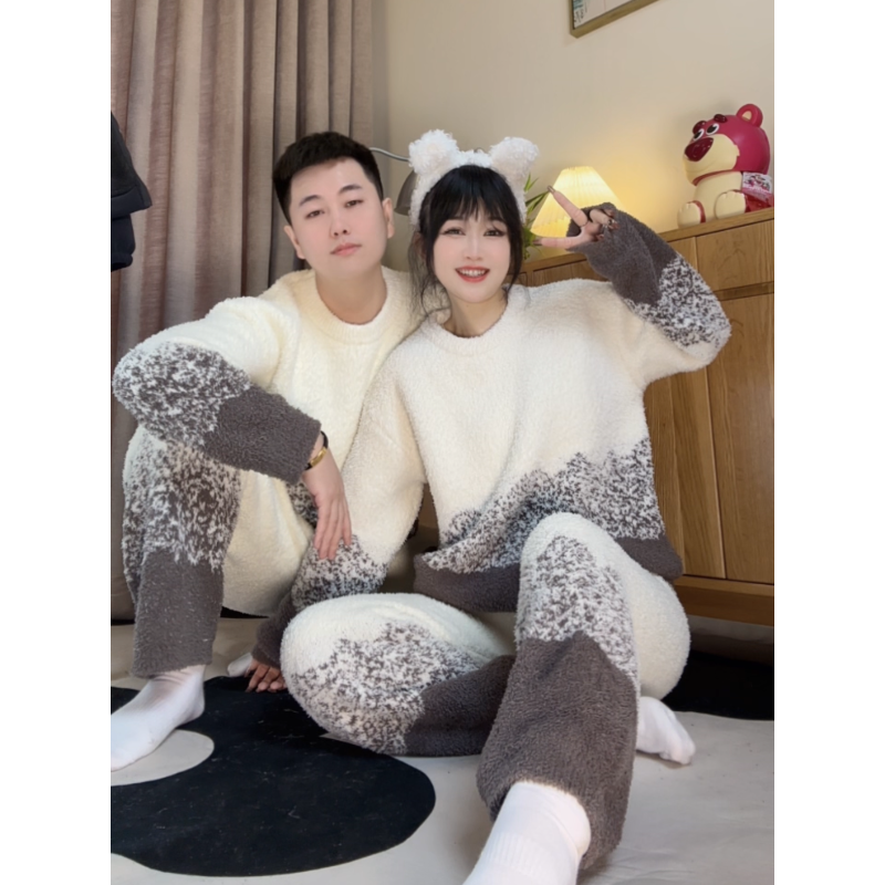 情侣黑白渐变色法式半边绒睡衣套装女秋冬季新款毛绒家居服两件套
