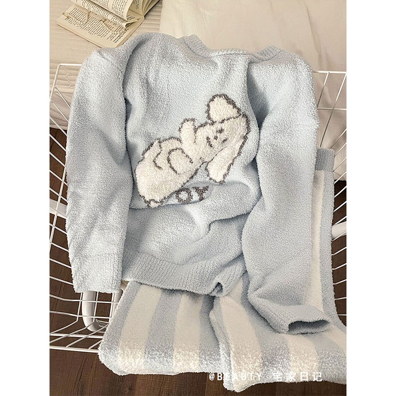 卡通可爱小狗针织半边绒睡衣2024冬季新款加厚保暖大码家居服套装