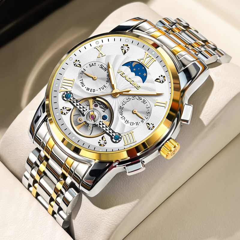 威顿 手表20-30男士机械表镂空商务休闲月相日历夜光腕表高档潮流