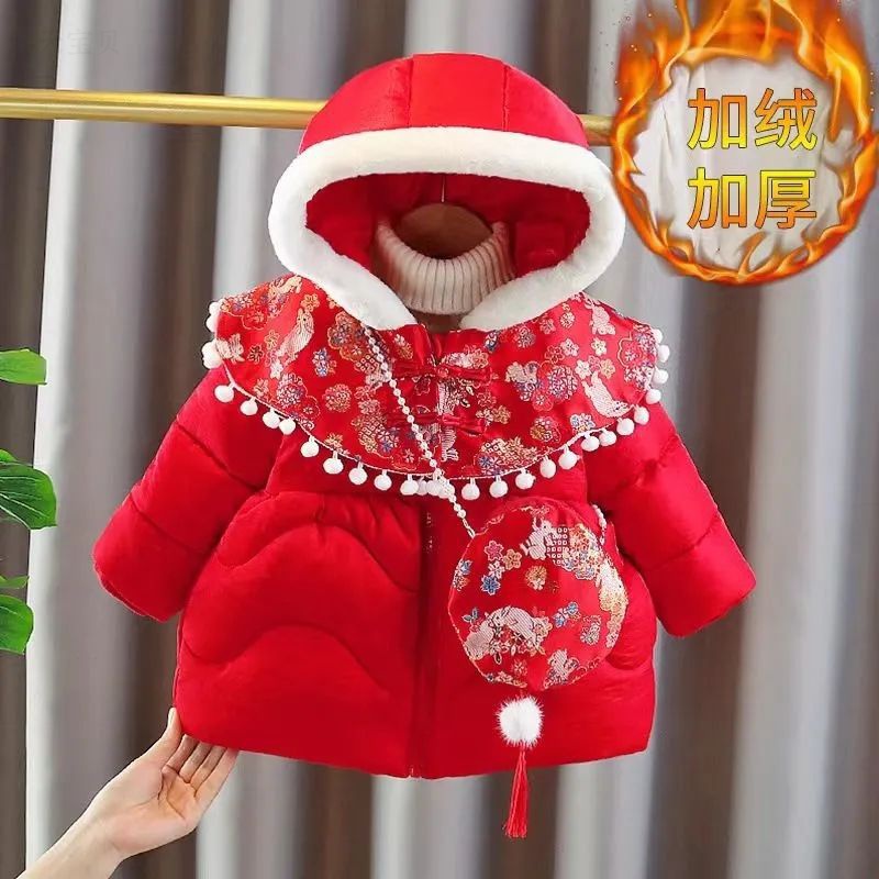 女宝宝韩版棉衣外套新款冬装中小女童加绒加厚小红帽棉袄年服