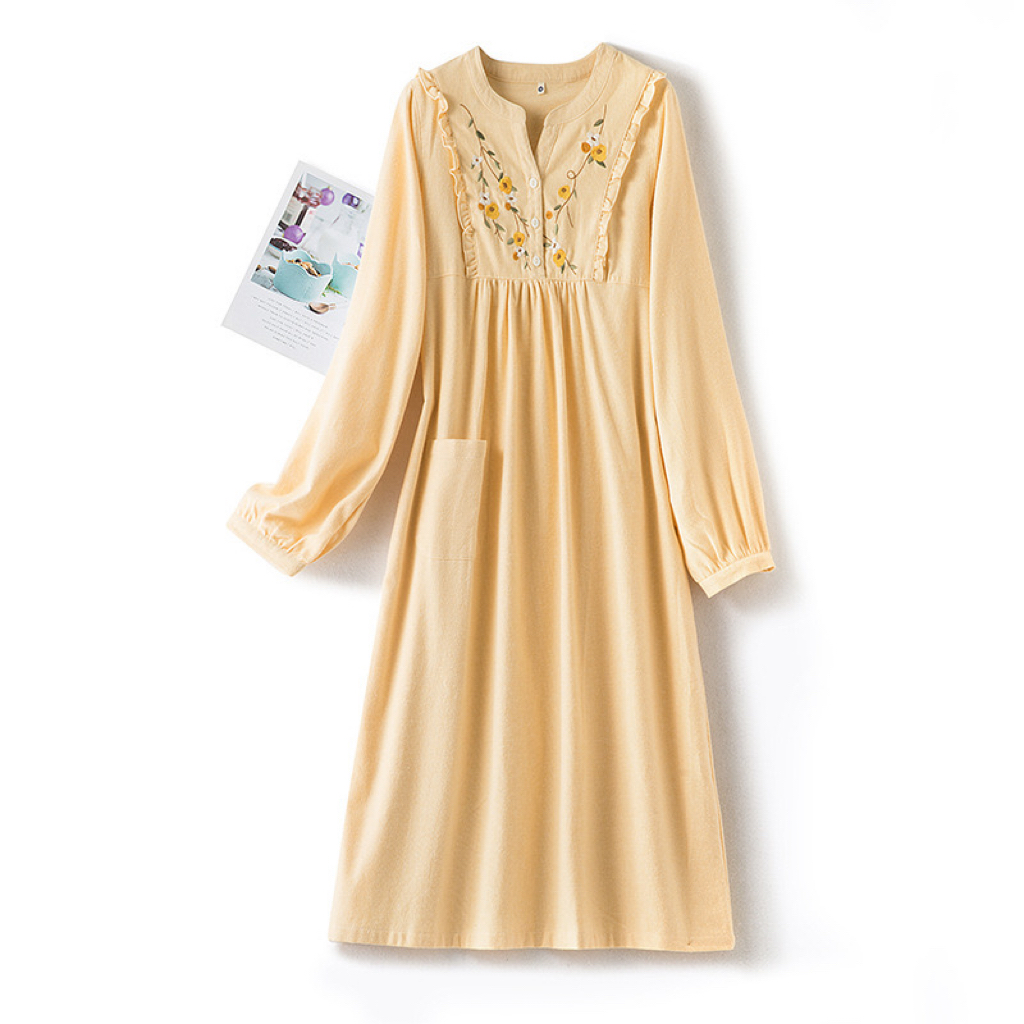 『睡裙』全棉100%秋冬磨毛长袖刺绣睡裙连衣裙甜美宽松家居服可外穿