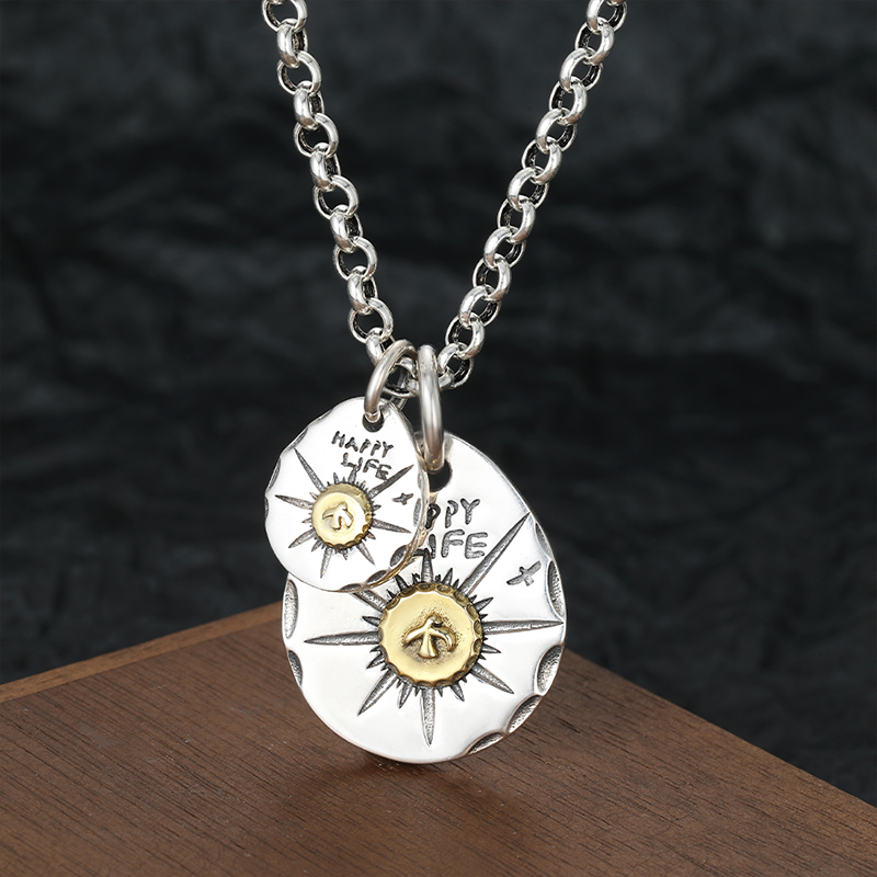 吊坠925银 happy life婚饼吊坠手工做旧点金飞鹰男女情侣项链挂坠