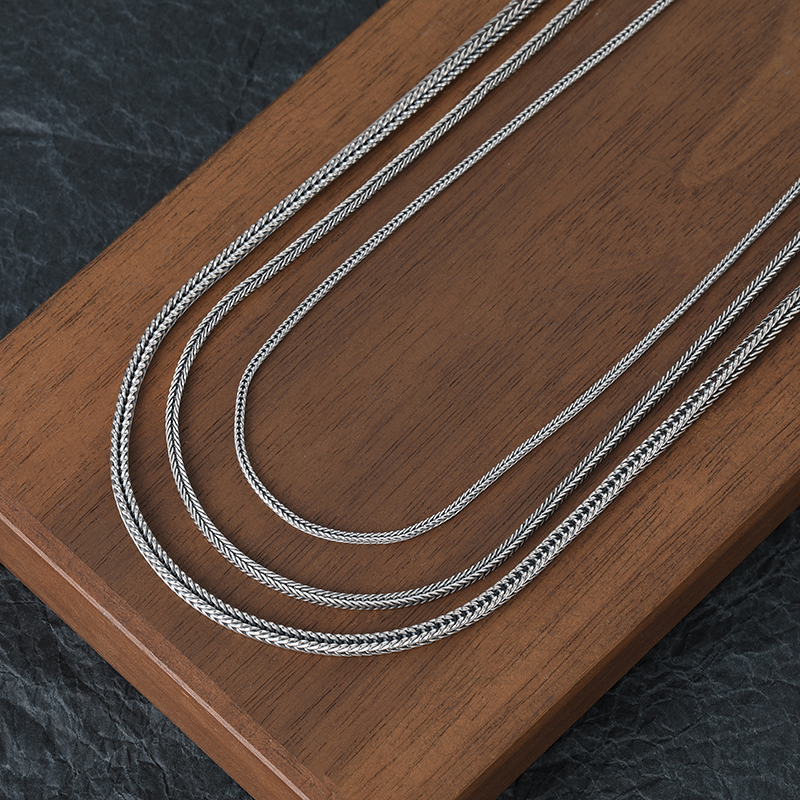 链子925银 方形蛇骨项链男女款复古做旧狐尾链肖邦链银锁骨链素链