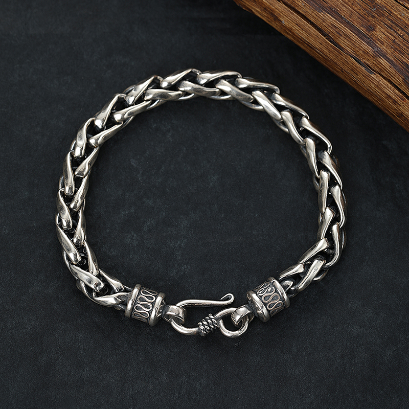 925银手链 男士手工编织龙骨链纯银复古做旧潮流个性百搭粗款手链