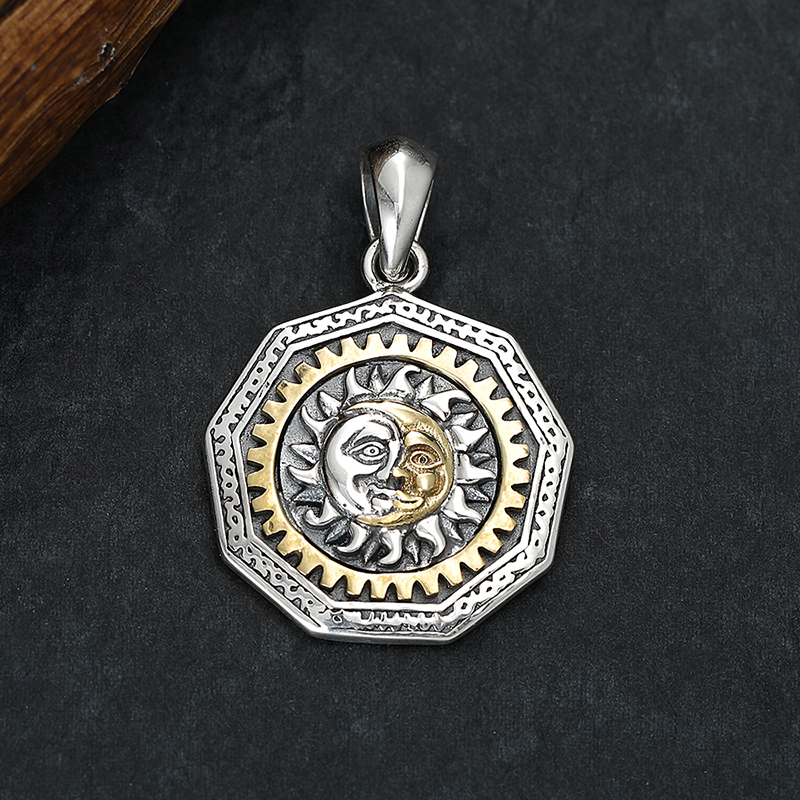 吊坠925银 个性男士配饰复古做旧双面坠链太阳月亮神上帝之眼吊坠
