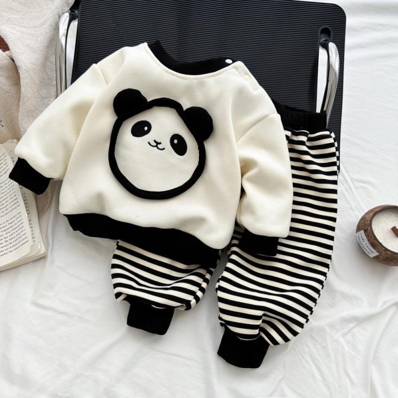 男女宝宝加绒分体套装2025秋冬婴幼儿卡通时尚条纹两件套外出服潮