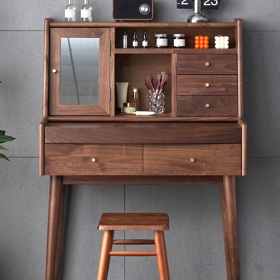 北欧简约黑胡桃木梳妆台全实木轻奢化妆桌卧室多功能一体化妆台柜