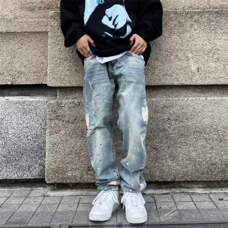 原创美式街头嘻哈复古水洗做旧泼墨涂鸦破洞直筒牛仔裤男