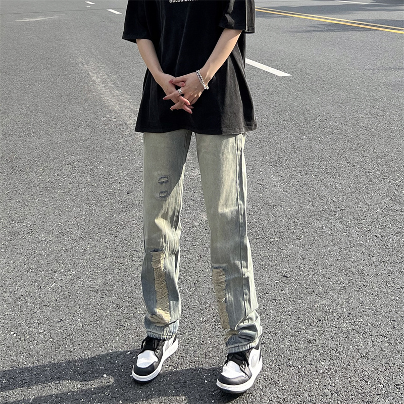 2023春季美式复古潮牌高街水洗割破浅蓝色宽松直筒牛仔裤男女