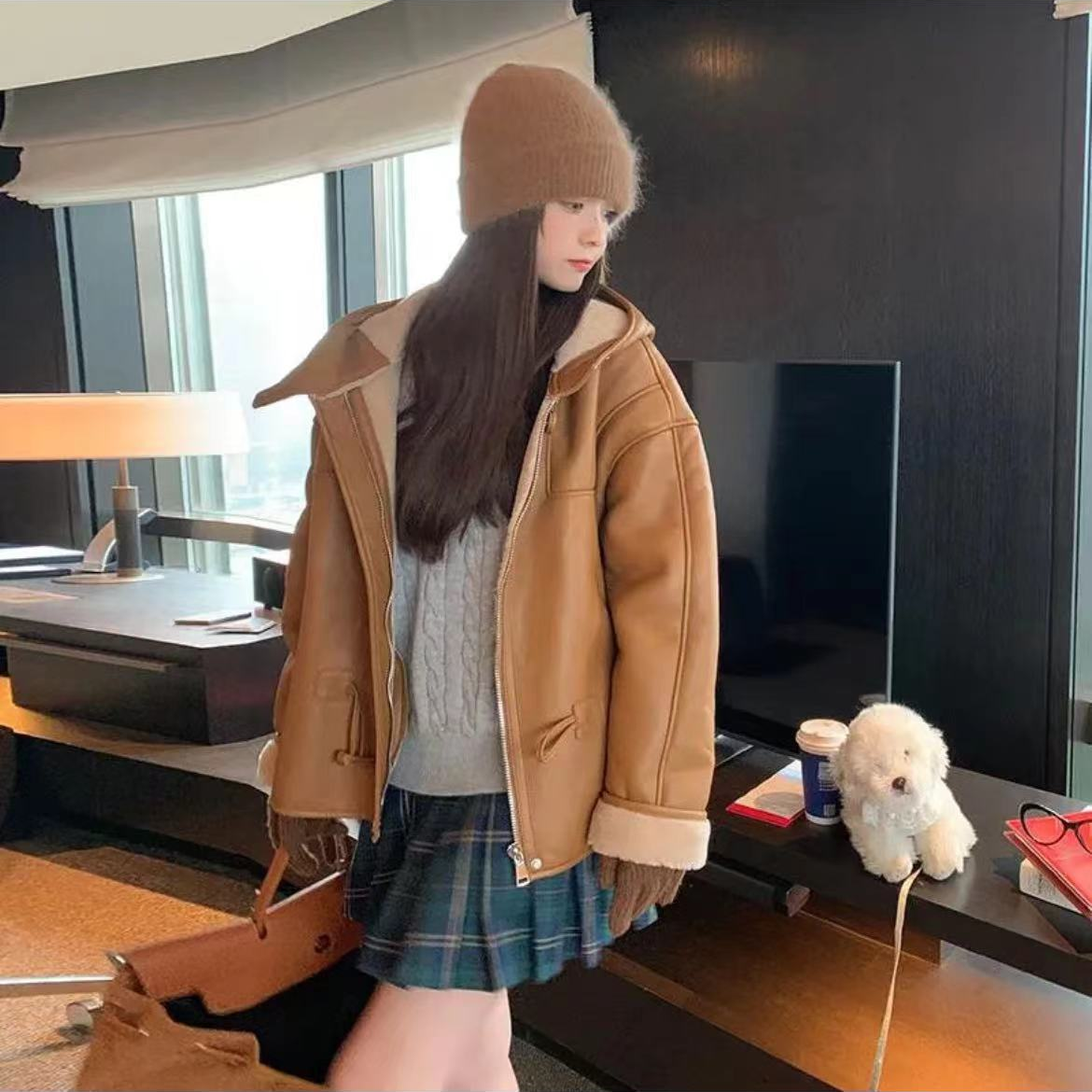 皮衣女外套棕色皮外套【6612】中长款时尚休闲连帽加绒加厚