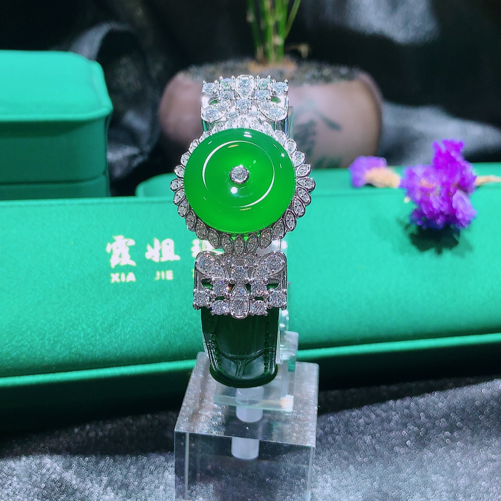 「霞姐珠宝」s925银镶天然绿玉髓时尚平安扣手牌（拍下赠备用皮带