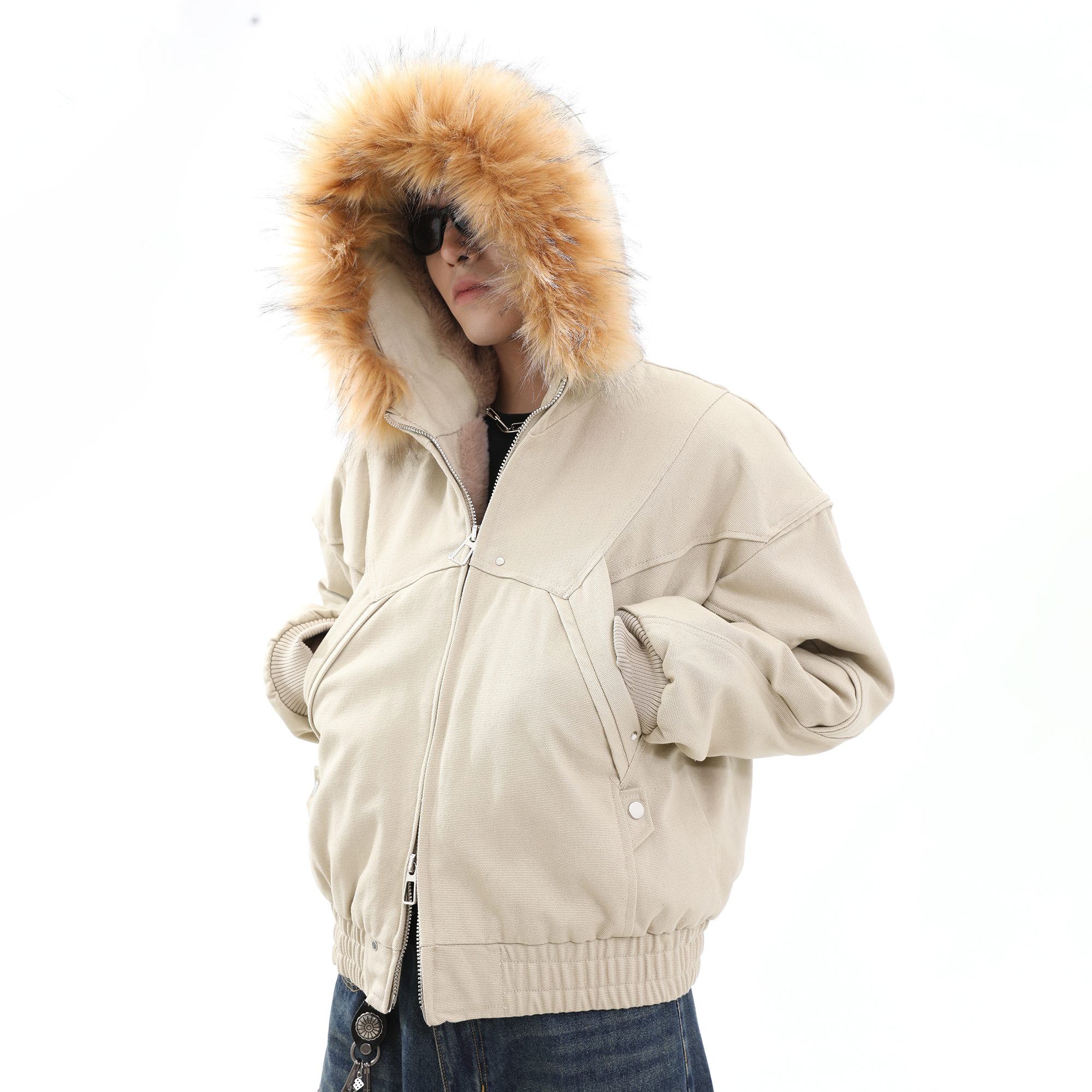 座山雕加绒加厚外套男cleanfit重磅帆布水洗棉服夹克毛领连帽棉衣