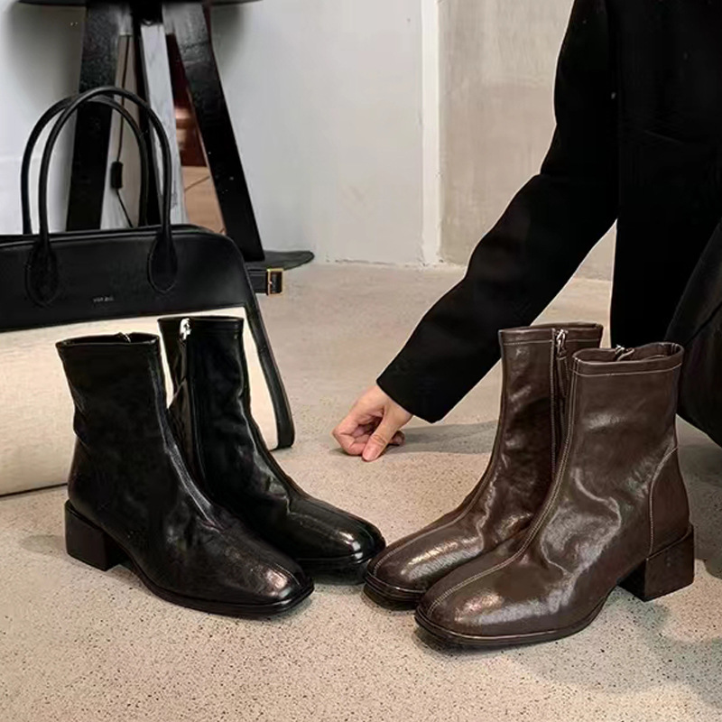 韩系姐姐~秋冬新款方头水洗马皮瘦瘦短靴粗跟马丁靴女