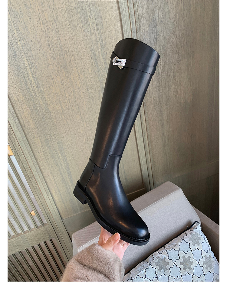 【YINGZI】长靴粗跟后拉链2024年钻扣高筒骑士靴厚底显瘦长筒靴女