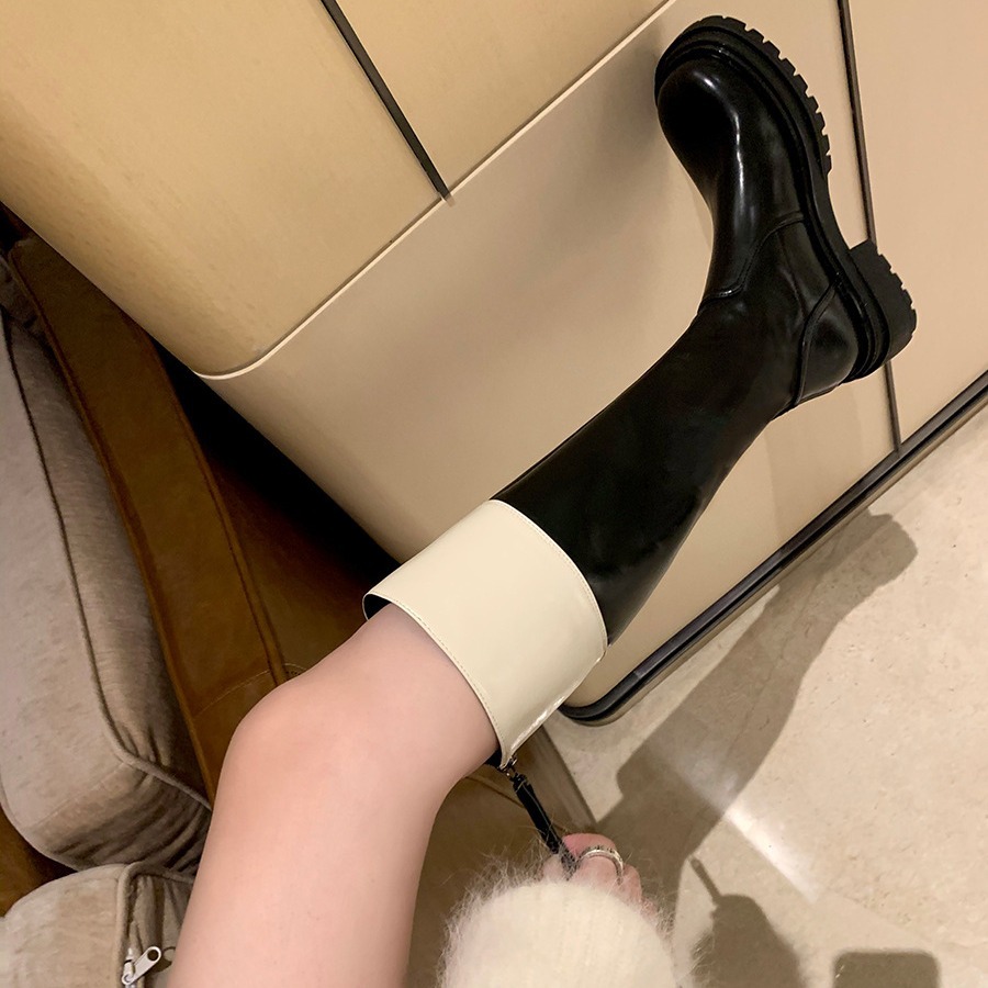 显瘦不过膝长筒靴靴子女黑白拼色骑士靴厚底粗跟长靴后拉链高筒靴