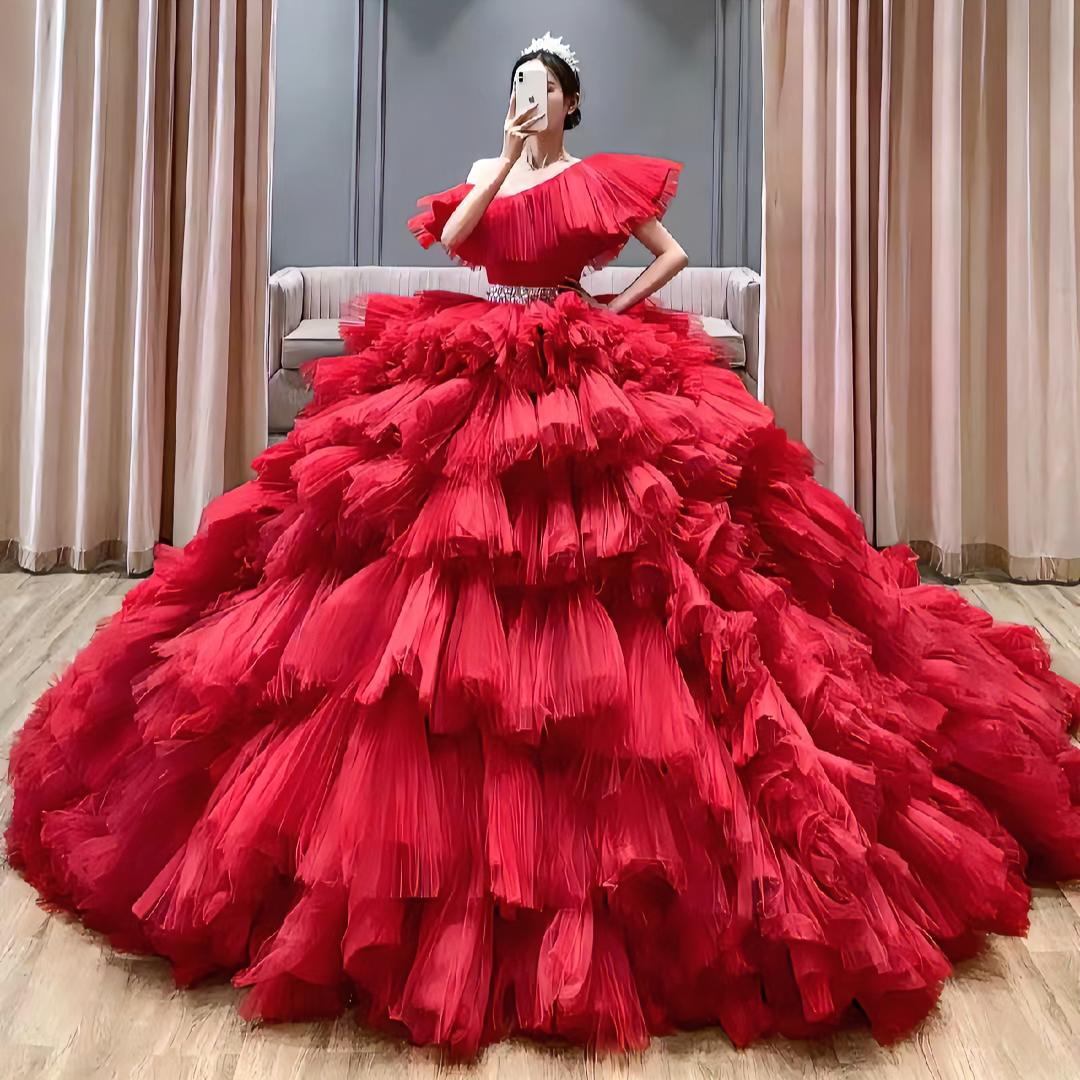 婚纱礼服高端孤品一件哦公主一字肩齐地婚纱礼服秀禾服结婚必备款