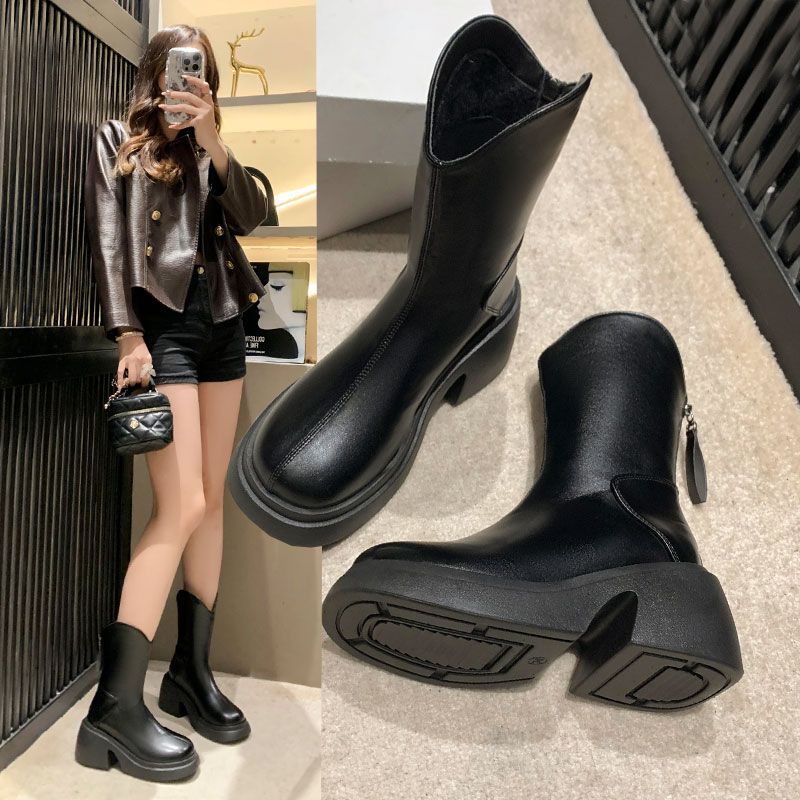 回力瑞英伦风马丁靴女2023年秋季新款法式粗跟气质小短靴时尚厚底