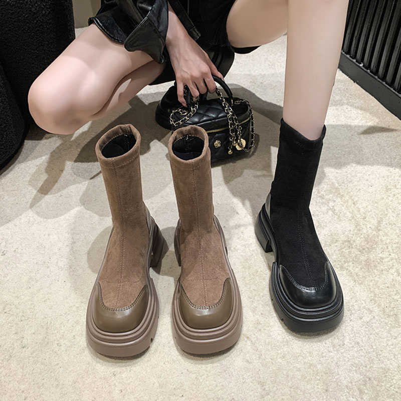 回力瑞短靴女2023新款春秋单靴百搭粗跟复古瘦瘦马丁靴绒面短筒骑