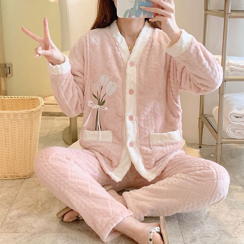 法兰绒产后月子服冬季加绒哺乳衣产妇家居服怀孕妇睡衣大码200斤