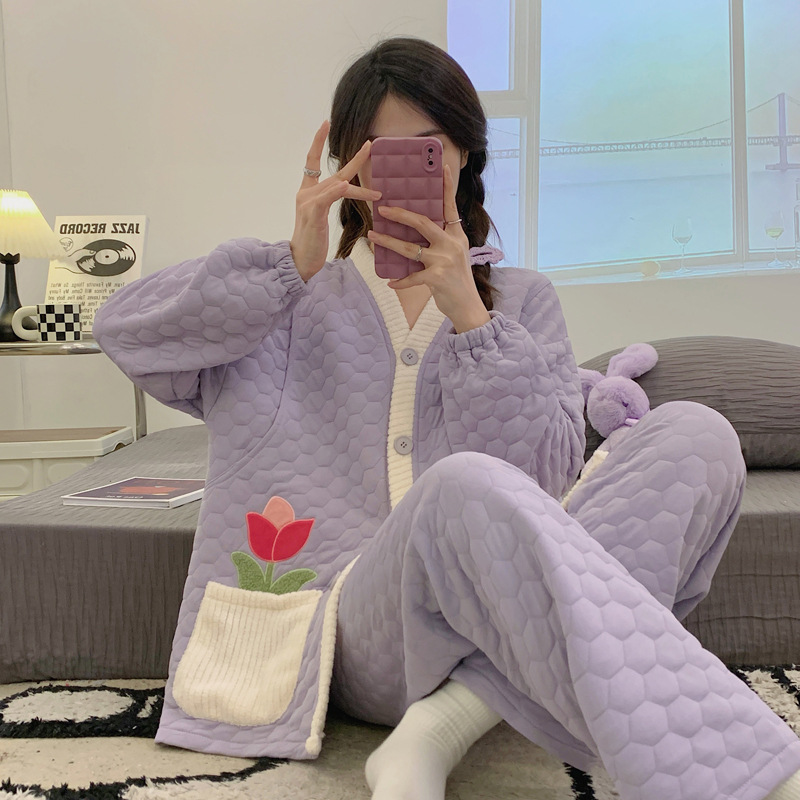 孕妇睡衣秋冬季空气棉夹层月子服产妇待产哺乳衣产后喂奶家居服