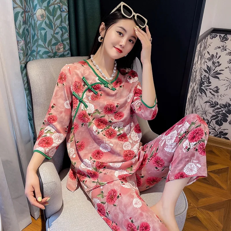 夏季中国风网红睡衣套装时尚复古韩版印花宽松中式盘扣女家居服套
