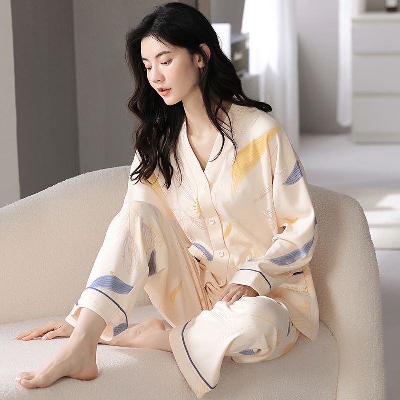 高档100%纯棉睡衣女春秋季长袖无领开衫中青年女士套装宽松家居服
