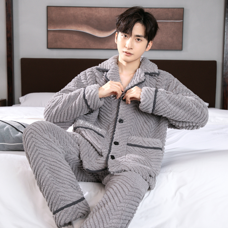 秋冬季男士加绒加厚长袖保暖加大码家居服套装