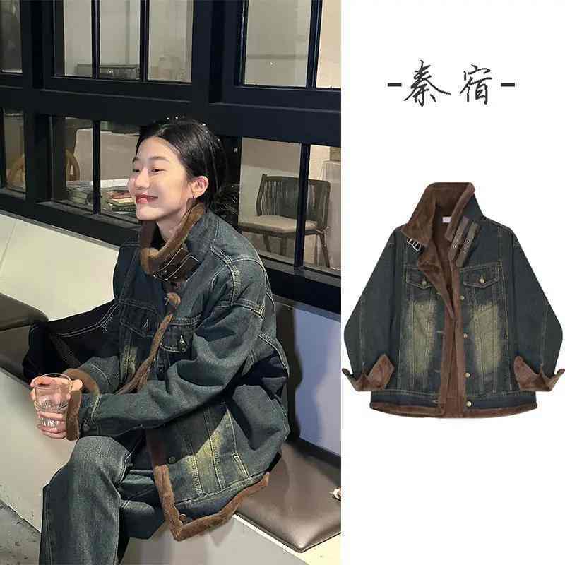 大码女装2023冬季新款港风复古机车加绒牛仔外套宽松加厚夹克棉服