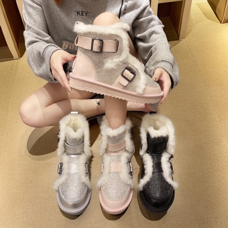 【工厂】K008-2秋冬小香风平底圆头雪地靴女长毛绒保暖机车靴防滑