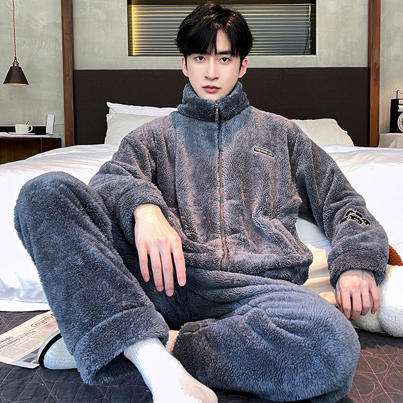 珊瑚绒秋冬季睡衣男加绒加厚法兰绒保暖休闲家居服套装大码可外穿