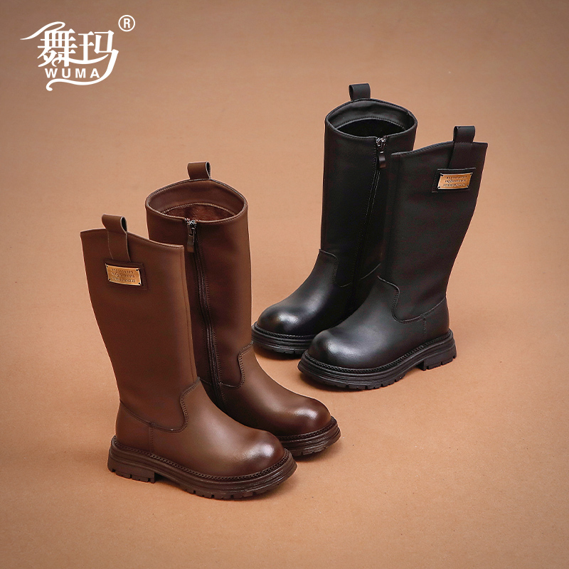 女童单靴儿童加绒长筒靴2025新款冬季女孩英伦保暖高筒宝宝442314