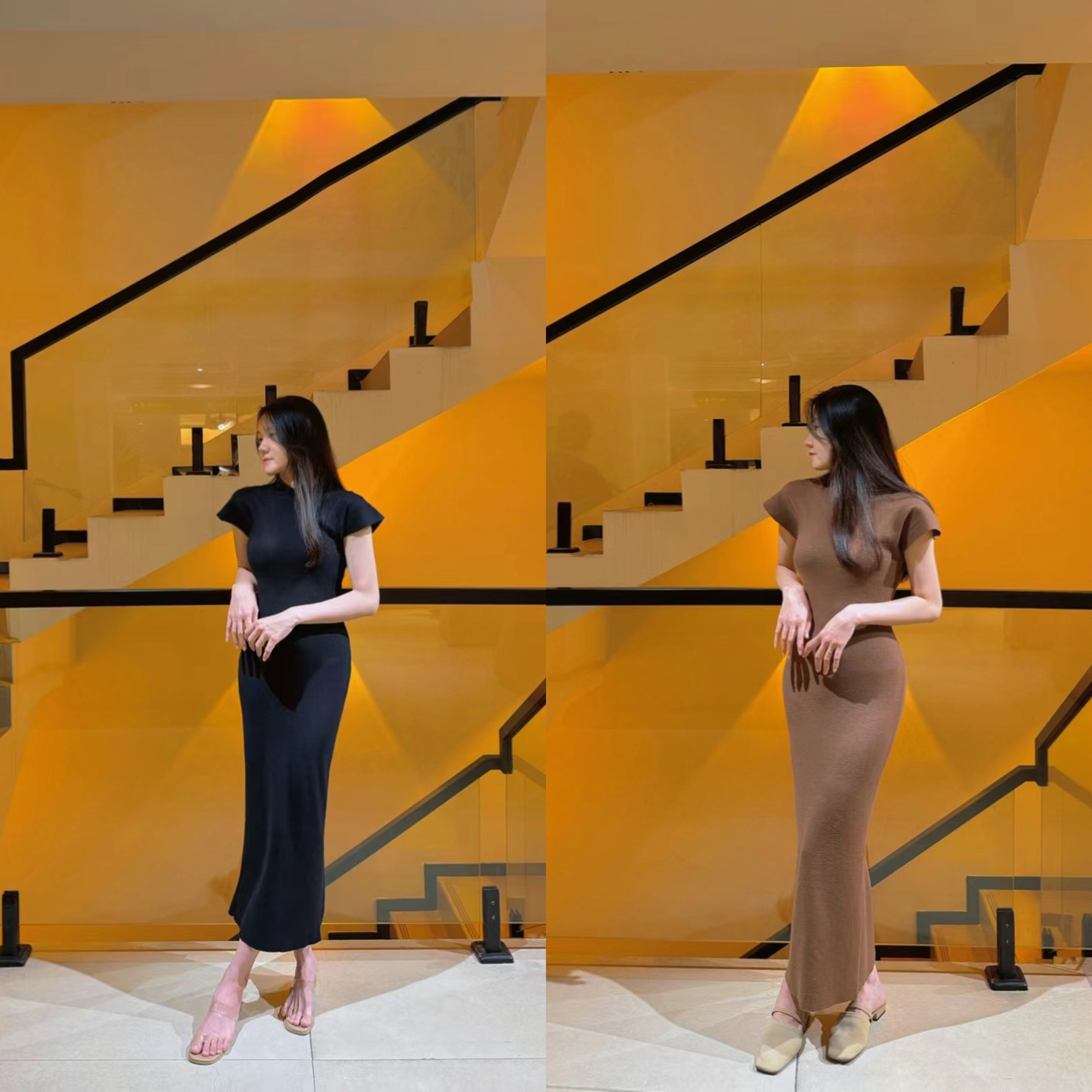 新款法式气质包臀修身显瘦长裙立领开叉连衣裙3012#