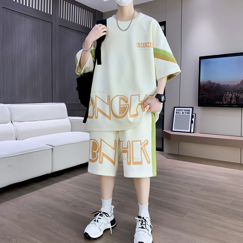 夏季男士时尚短袖T恤套装青少年休闲运动帅气短袖短裤一整套衣服