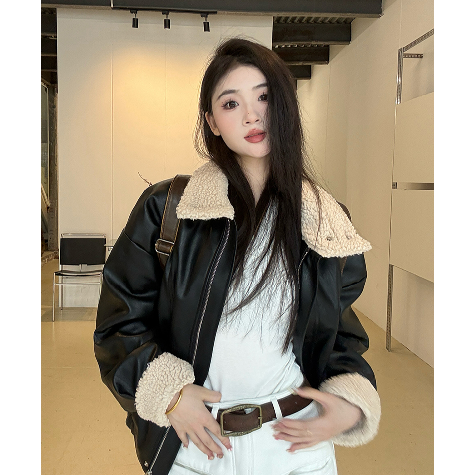 美式黑色潮酷羊羔毛皮衣外套女款2024冬季新款加厚机车棉服夹克潮