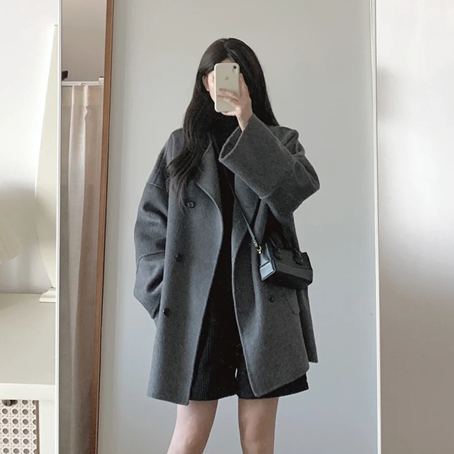 韩系灰色呢子大衣女秋冬2024新款毛呢外套高级感小个子中长款气质