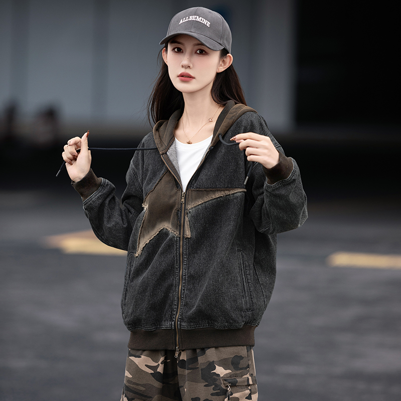 连帽牛仔外套女款2025新款潮牌星星韩版上衣休闲宽松拉链开衫长袖