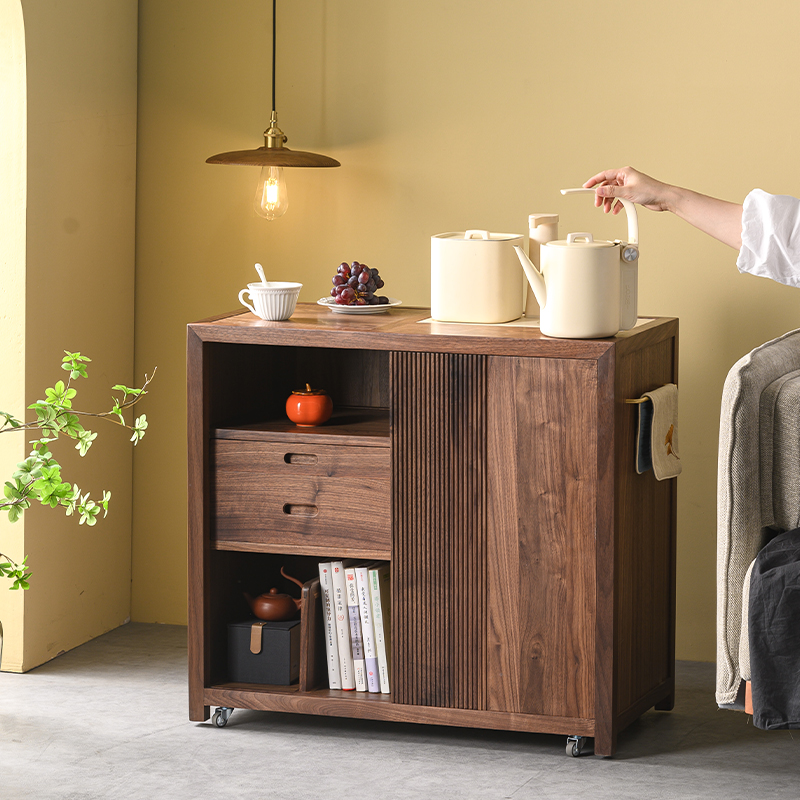 吉木语中古风北美黑胡桃木茶柜客厅家用移动茶几桌烧水壶茶吧高档