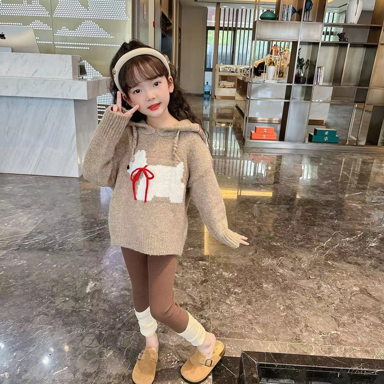 【新品浮力】2024秋款甜美娃娃狗狗棕色针织毛衣2件套