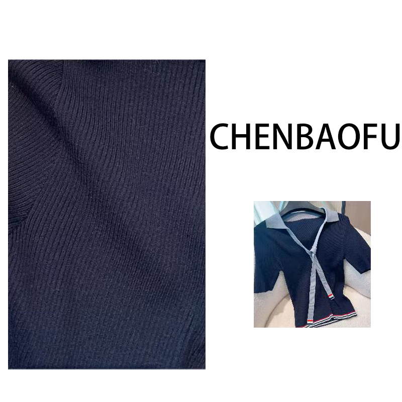 撞色飘带短袖女针织衫螺纹修身显瘦翻领T恤