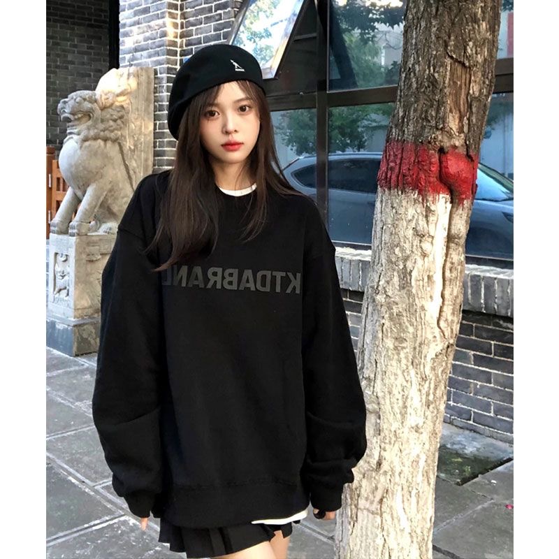 黑色卫衣女冬季加绒加厚2024新款长袖慵懒风ins宽松版圆领上衣