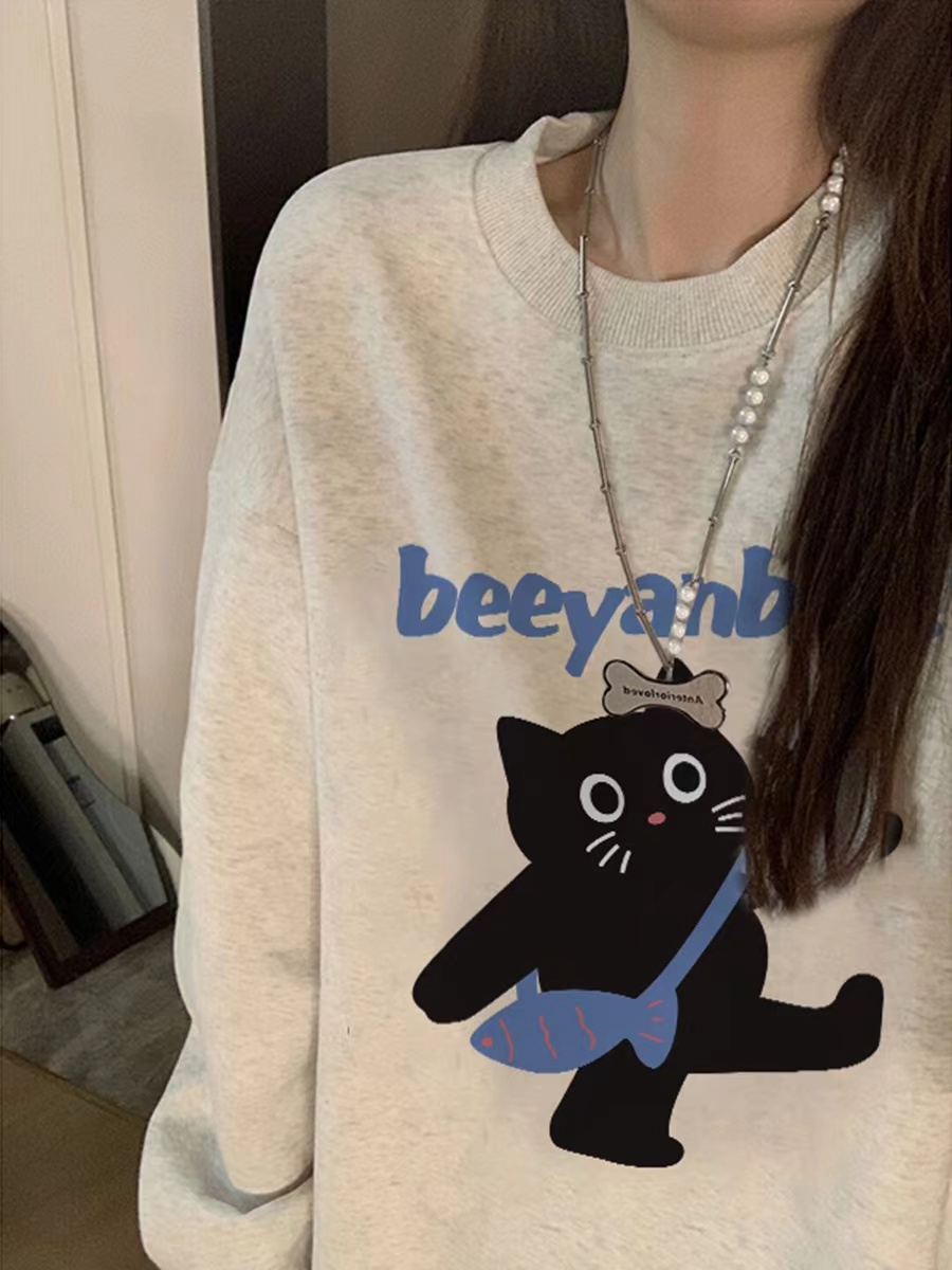 美式复古薄款圆领卫衣女2024秋季新款韩版宽松慵懒风学生潮流上衣