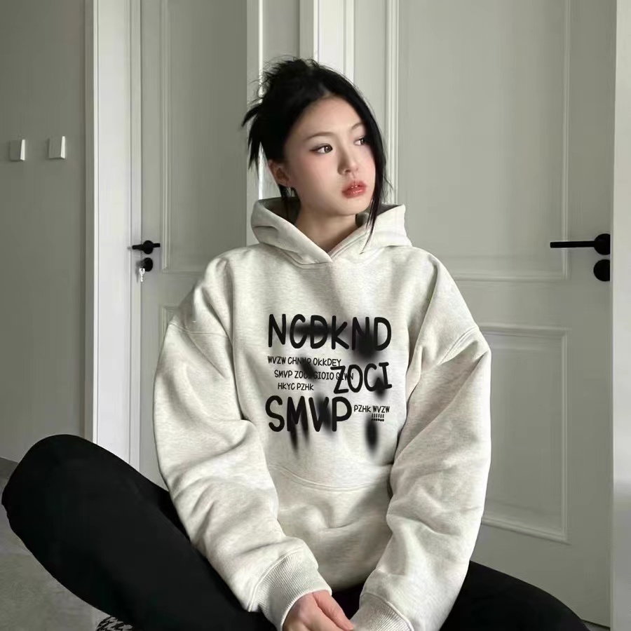 2024新款春秋美式休闲复古宽松连帽卫衣女秋冬加绒加厚百搭潮上衣