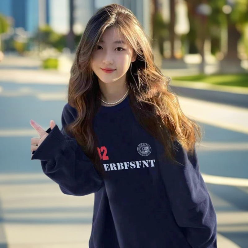 藏青色oversize宽松无帽卫衣女春秋2024新款爆款韩系加绒圆领上衣