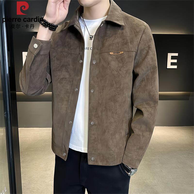 皮尔卡丹春秋季夹克男新款痞帅潮牌休闲翻领仿麂皮秋装男士外套