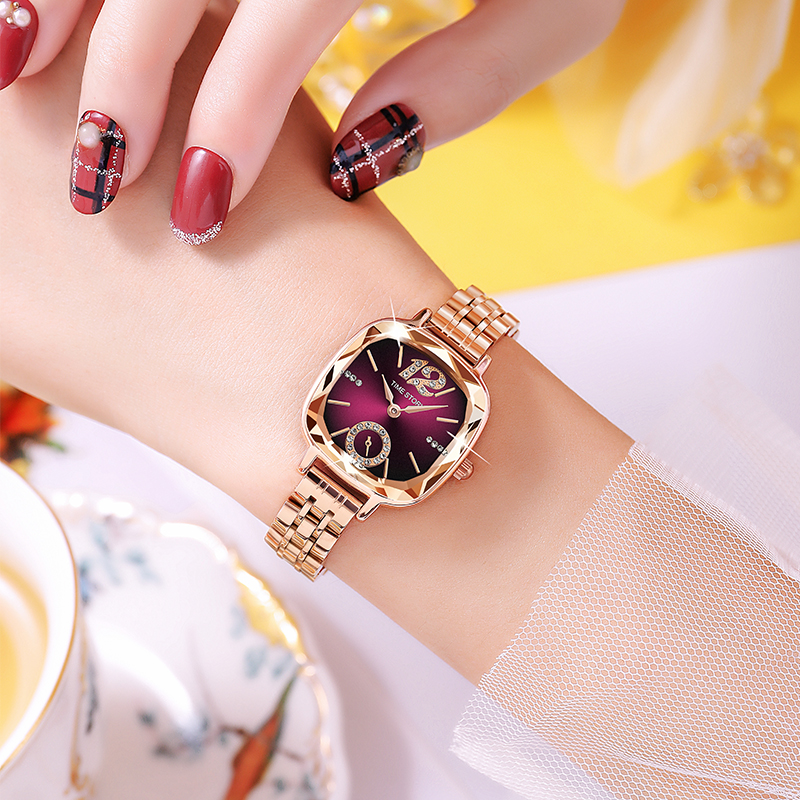 Time Story时间故事新款上市紫色带钻小方表精致优雅腕表