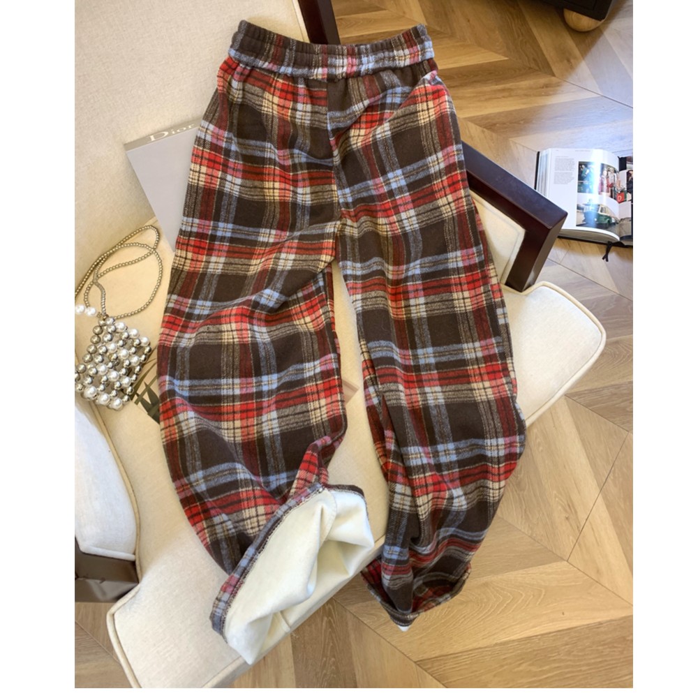 上档次毛呢加绒加厚格子直筒裤女2023秋冬新款百搭休闲阔腿长裤子